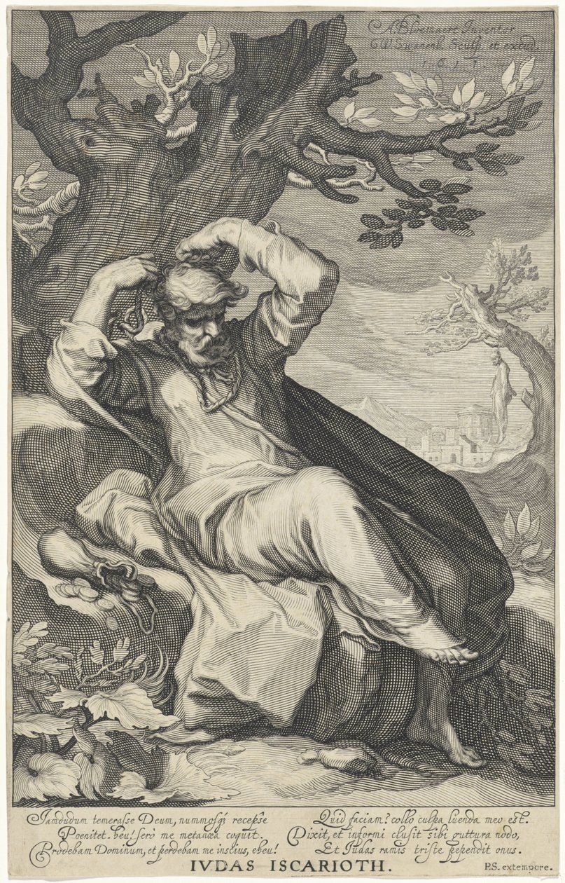 Jidáš Iškariotský se oběsil Jidáš Iškariotský (titul na předmětu) Hříšníci ze Starého a Nového zákona (název série) od Willem Isaacsz. van Swanenburg