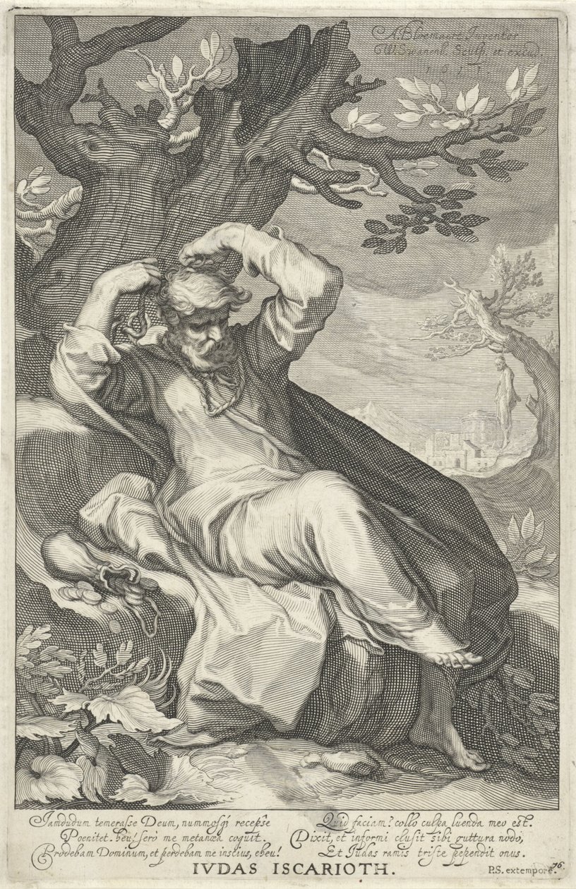 Jidáš Iškariotský se oběsil Jidáš Iškariotský (titul na předmětu) Hříšníci ze Starého a Nového zákona (název série) od Willem Isaacsz. van Swanenburg