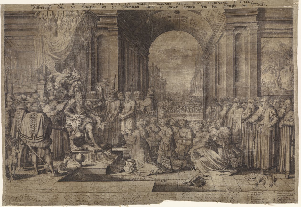 Tyranie Alvy Obrázek bídného stavu Nizozemska pod krutou tyranií vévody z Alby (název na předmět) Delineatio deplorati status belgy sub immensa tyrannide Albani ducis Fernandi a Toledo (titul na předmětu) od Willem Jacobsz Delff