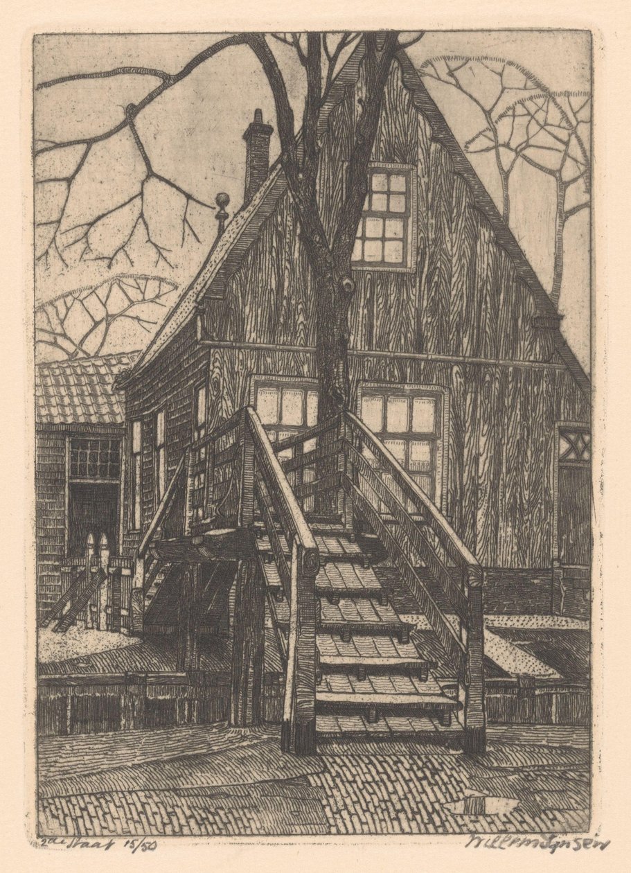 Dům s mostem v Westzaan od Willem Jansen (graveur) (signed by artist)