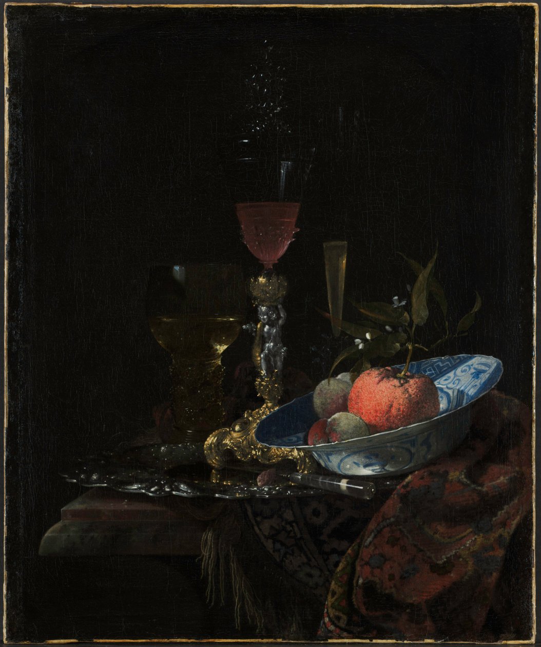 Sklenice na víno a mísa ovoce, 1663. od Willem Kalf