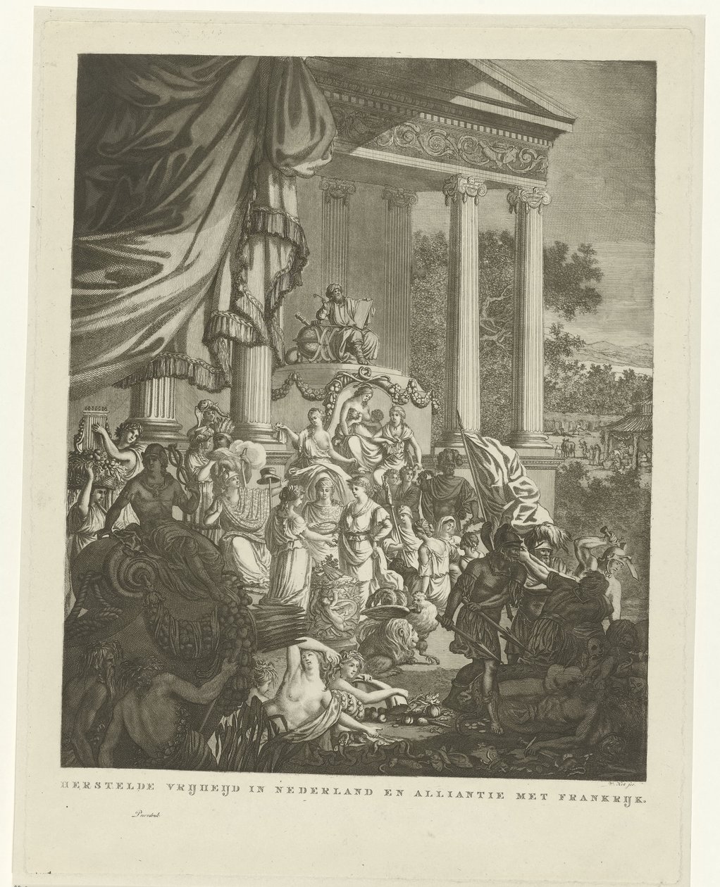 Alegorické znázornění aliance mezi Nizozemskem a Francií, 1795 Obnovená svoboda v Nizozemsku a spojenectví s Francií (název na předmět) od Willem Kok