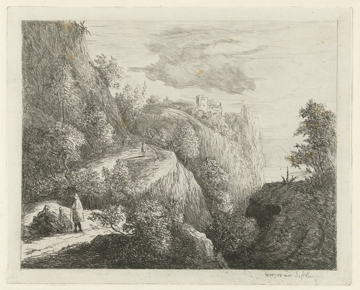 Horská krajina s odpočívajícími postavami na kraji silnice od Willem Matthias Jan van Dielen