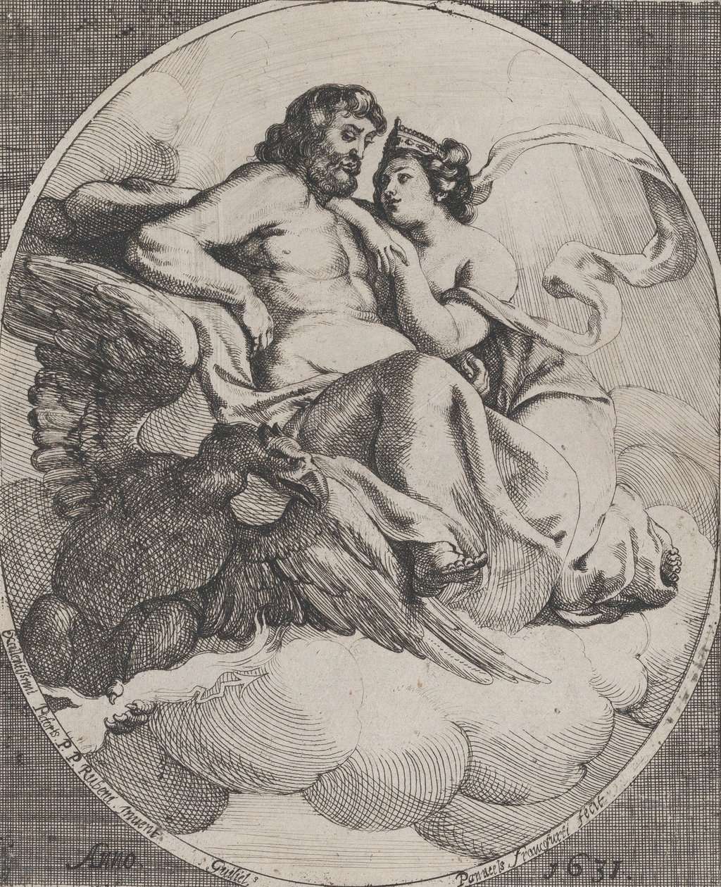 Jupiter a Juno seděli na oblacích, vlevo dole orel drží blesky, 1631. od Willem Panneels