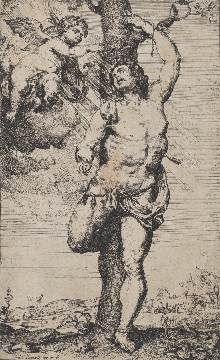 Umučení svatého Šebestiána s anděly korunovanými vlevo nahoře, ca. 1620-32.. od Willem Panneels