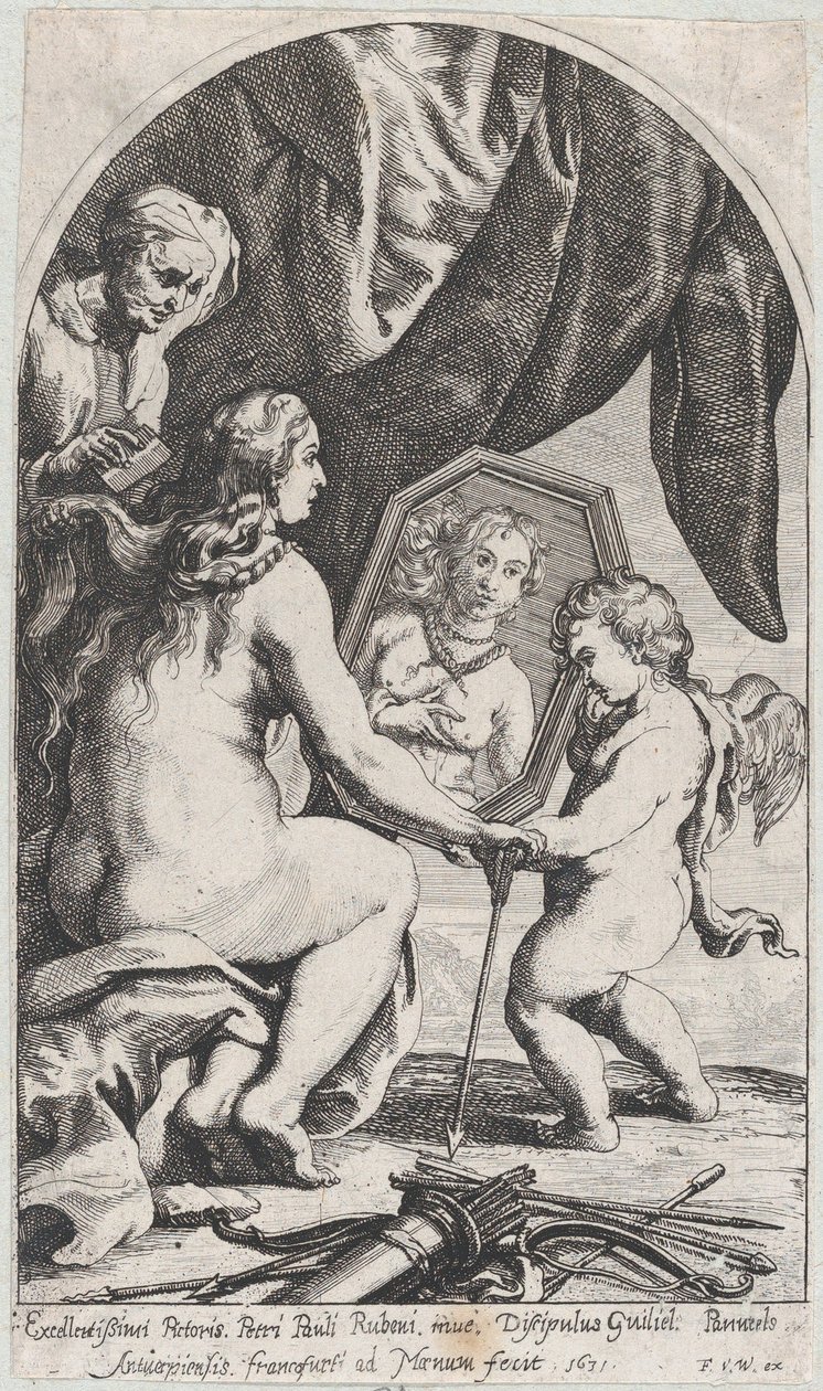 Venuše před zrcadlem, které drží Amor, zatímco její vlasy češe stará žena, 1631. od Willem Panneels
