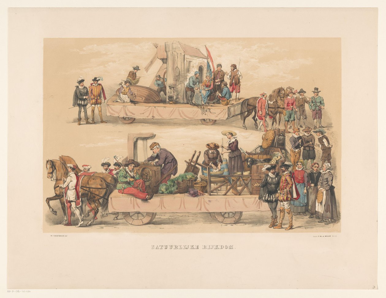 Pátá skupina utrechtské maškarády v roce 1856 Přírodní zdroj (název na objektu) Naše vlast asi v polovině 17. století, navržená H.H. studenti, členové Mutua Fides, na oslavu 220. výročí Utrechtsche Hoogeschool, od Willem Pieter Hoevenaar