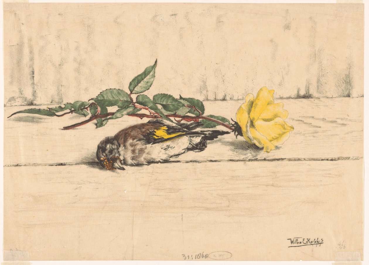 Mrtvý stehlík ležící vedle růže od Willem Roelofs (II) (signed by artist)
