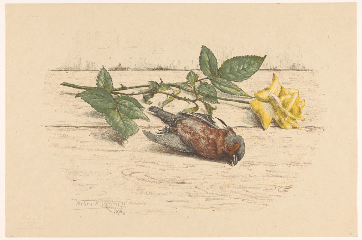 Mrtvá pěnkava ležící vedle růže od Willem Roelofs (II) (signed by artist)