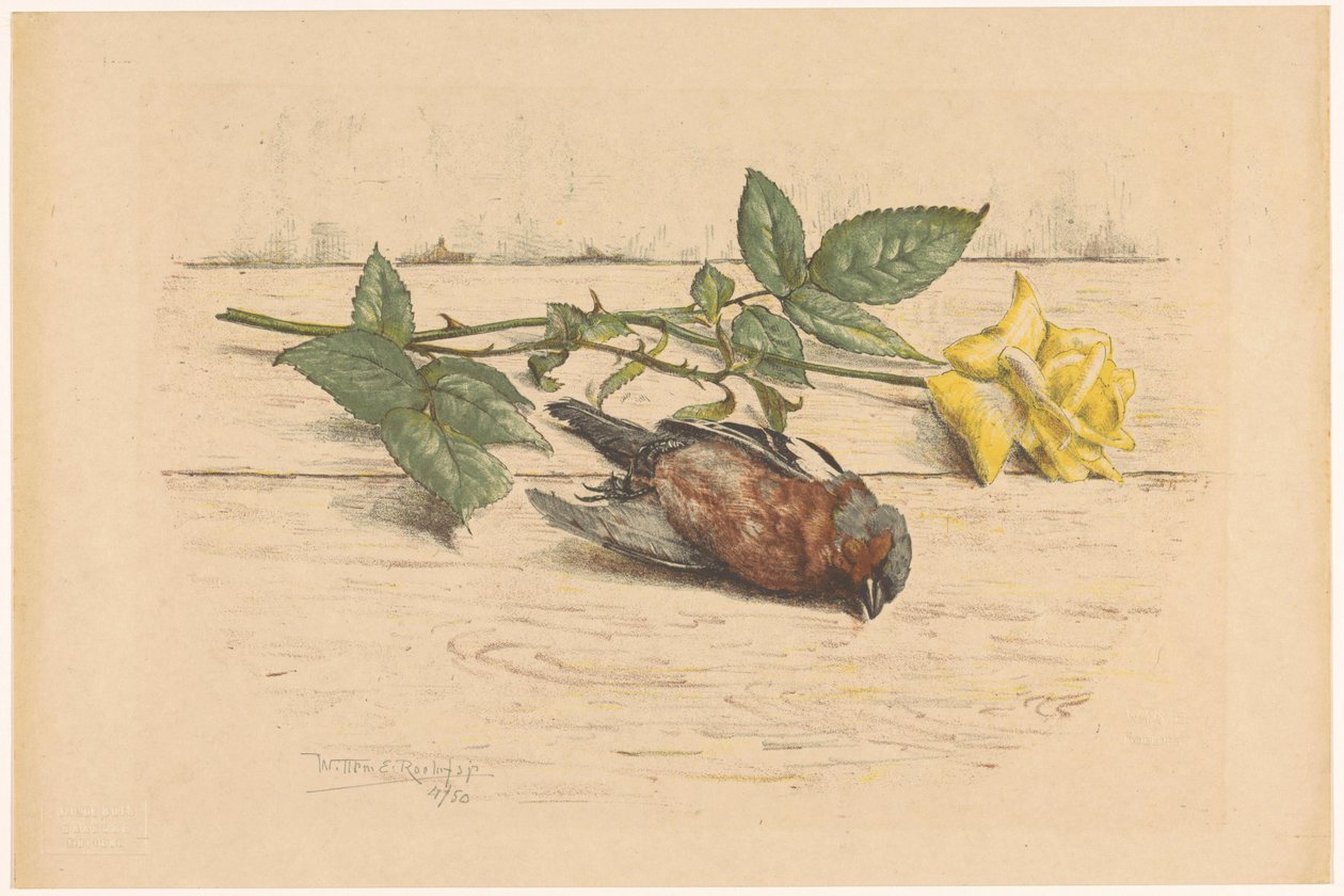 Mrtvá pěnkava ležící vedle růže od Willem Roelofs (II) (signed by artist)