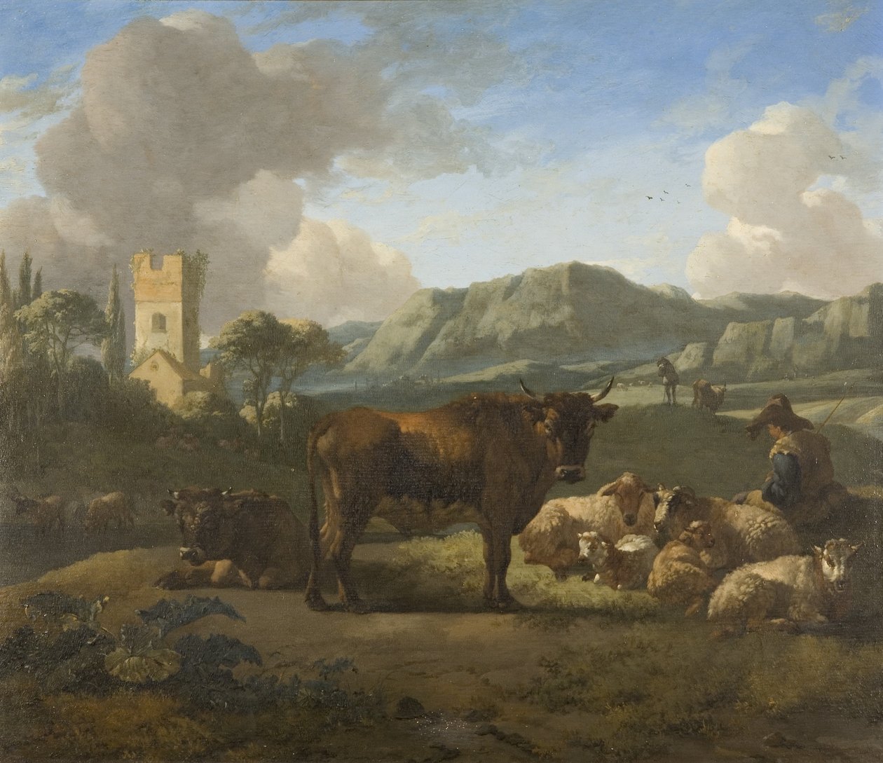 Dobytek a pastevci v kopcovité krajině, cca 1650-70 (olej na panelu) od Willem Romeyn