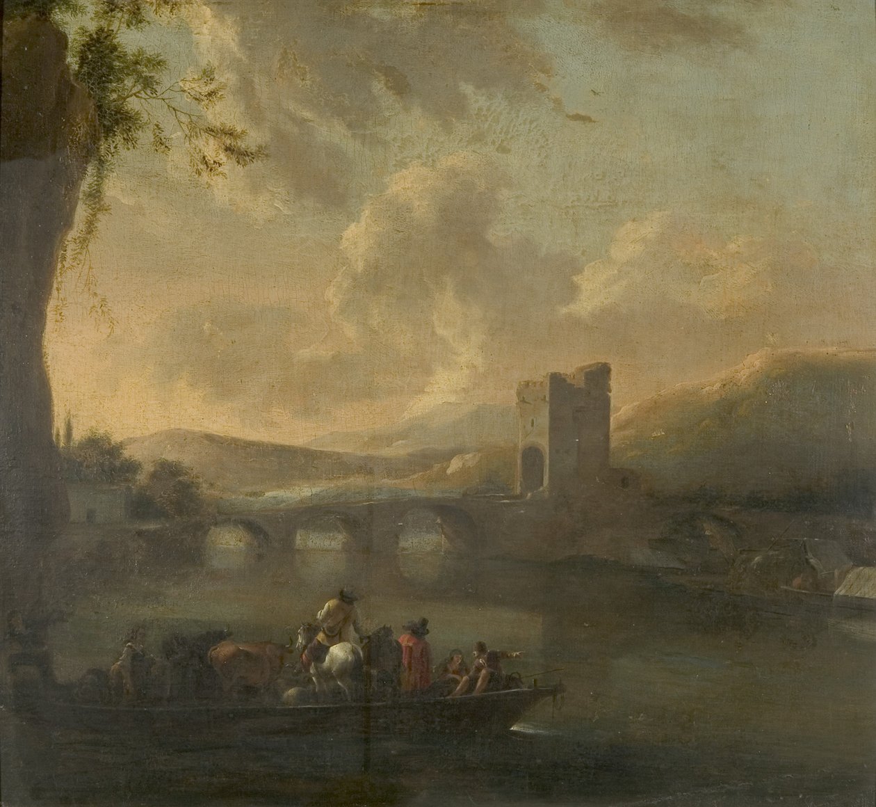 A Ferry Boat Crossing a River, cca 1640 (olej na plátně na panelu) od Willem Schellinks