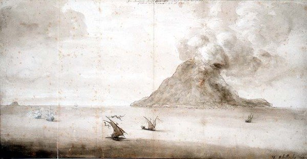 PD.703-1963 Pohled na Stromboli, c.1661-5 (křída, pero a inkoust, mytí) od Willem Schellinks
