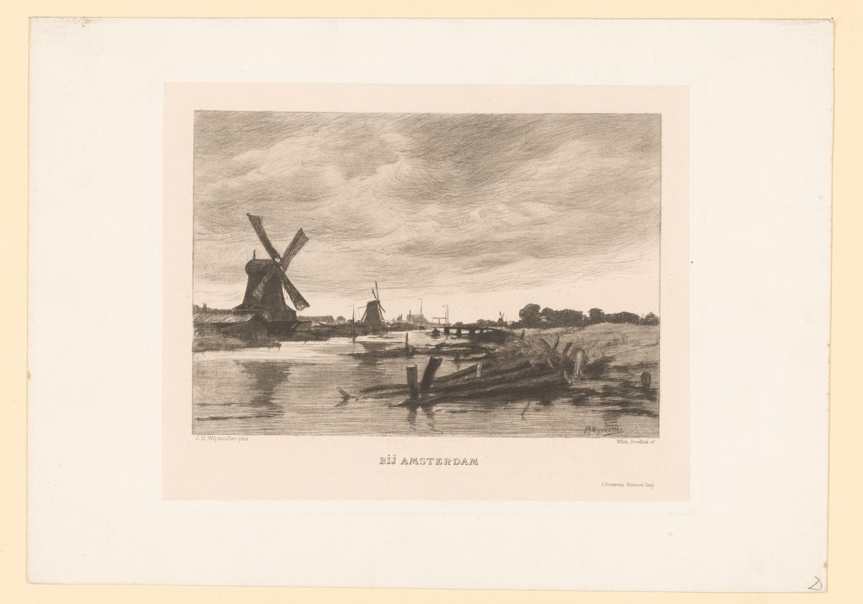 Krajina s větrnými mlýny podél kanálu Blízko Amsterdamu (název na objektu) od Willem Steelink (II)
