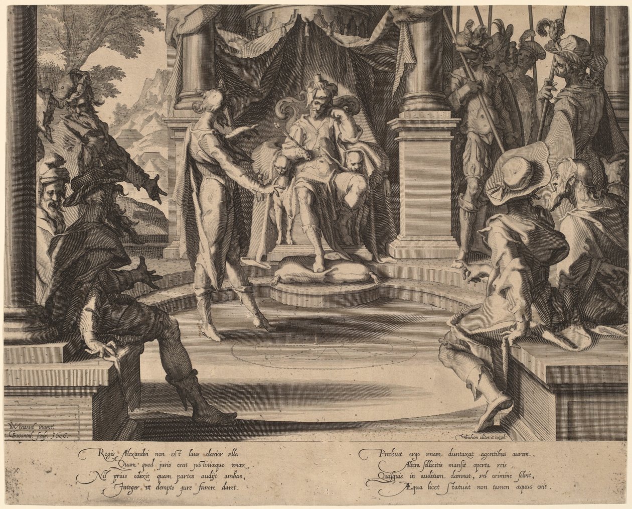 Alexandr Veliký sedící ve spravedlnosti od Willem Swanenburgh, after Joachim Anthonisz Wtewael