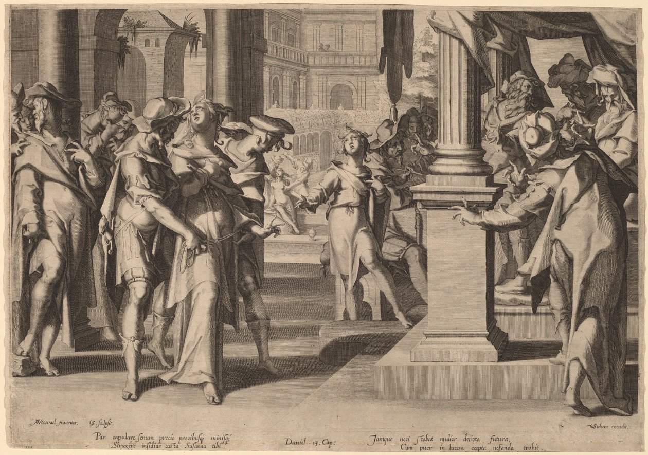 Suzannah před Danielem od Willem Swanenburgh, after Joachim Anthonisz Wtewael