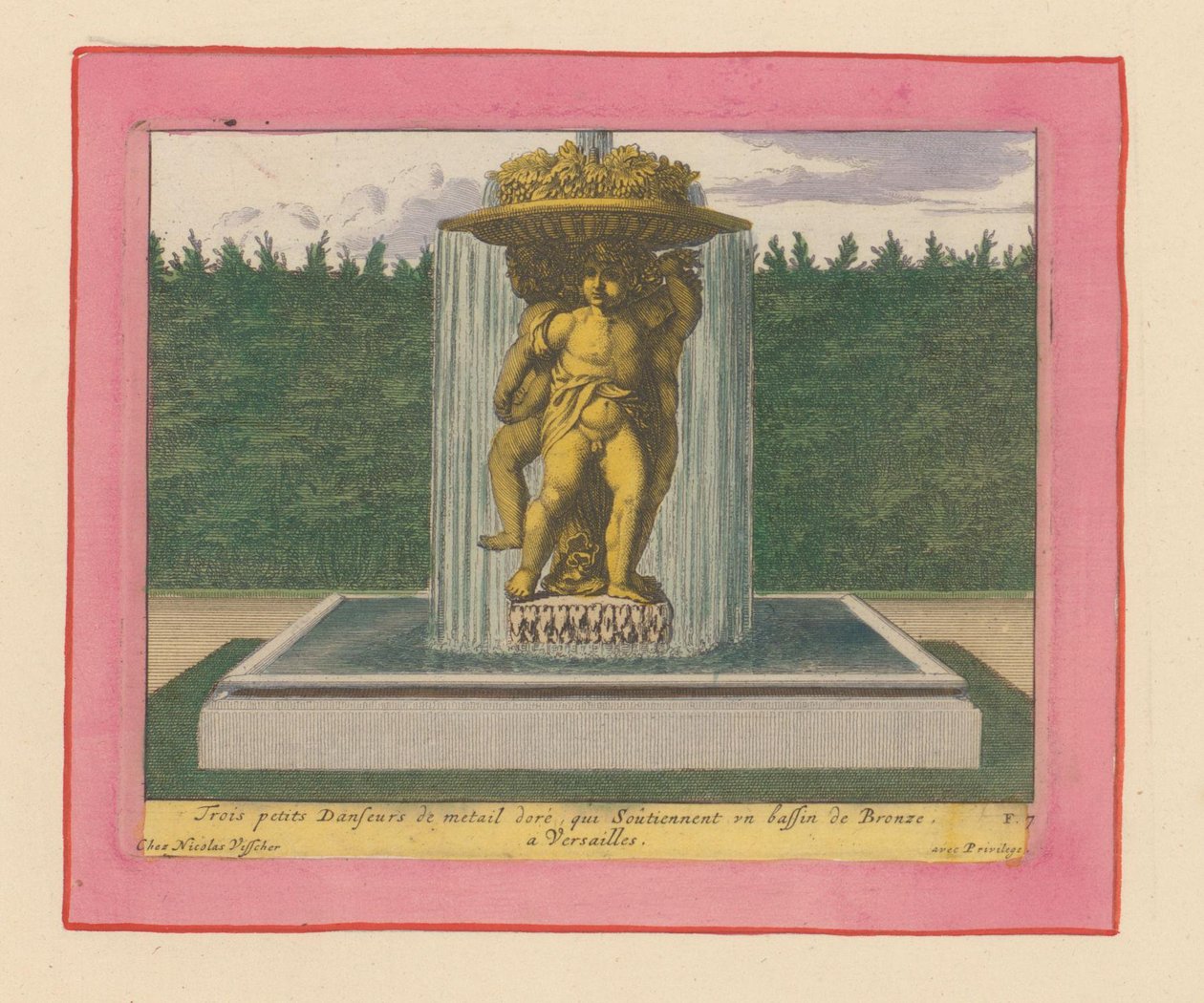 Brunnen mit einer Statue von drei tanzenden Putti, die eine Schale über ihren Köpfen tragen od Willem Swidde
