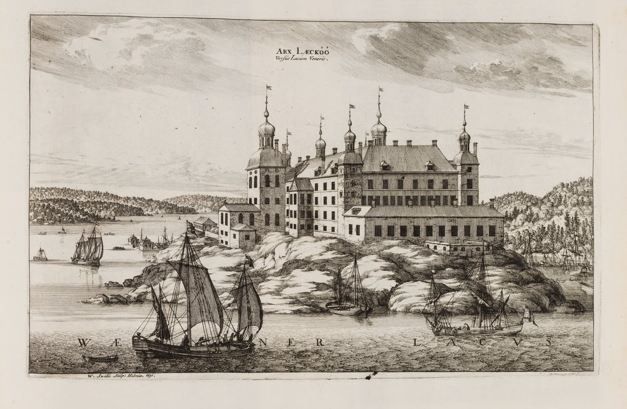 Zámek Läckö ze strany jezera Vänern. Ze "Suecia antiqua et hodierna" od Willem Swidde