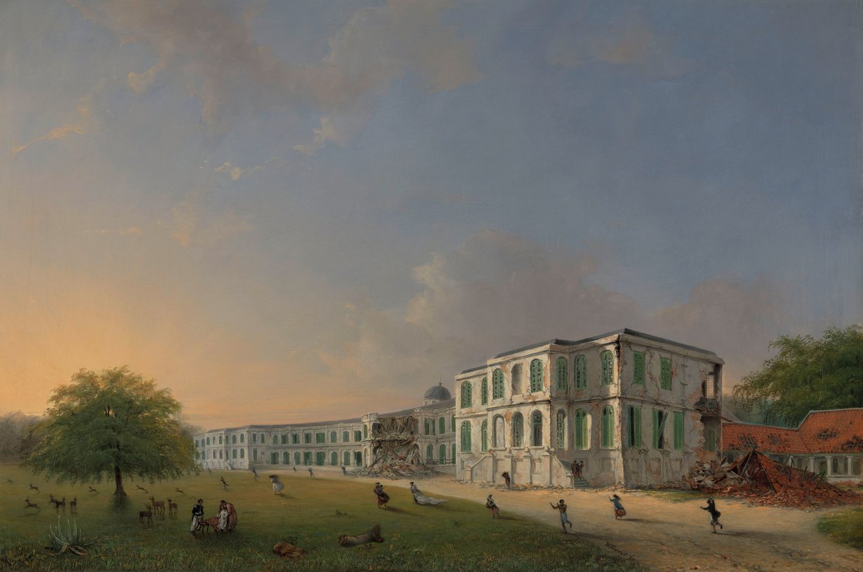 Čelní pohled na palác Buitenzorg během zemětřesení 10. října 1834 Čelní pohled na palác Buitenzorg po zemětřesení 10. října 1834 od Willem Troost (II)