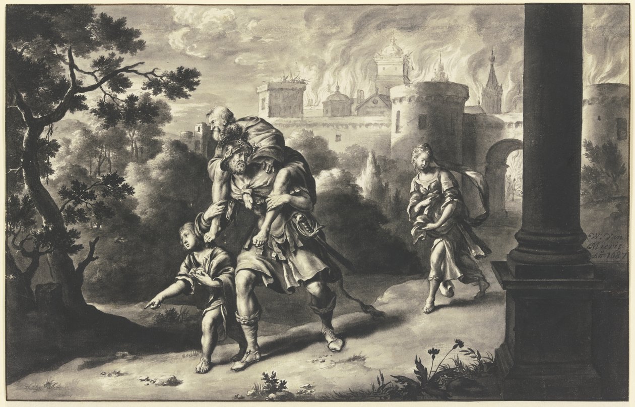 Aeneas zachraňuje Anchísa z hořící Tróje od Willem Van Mieris