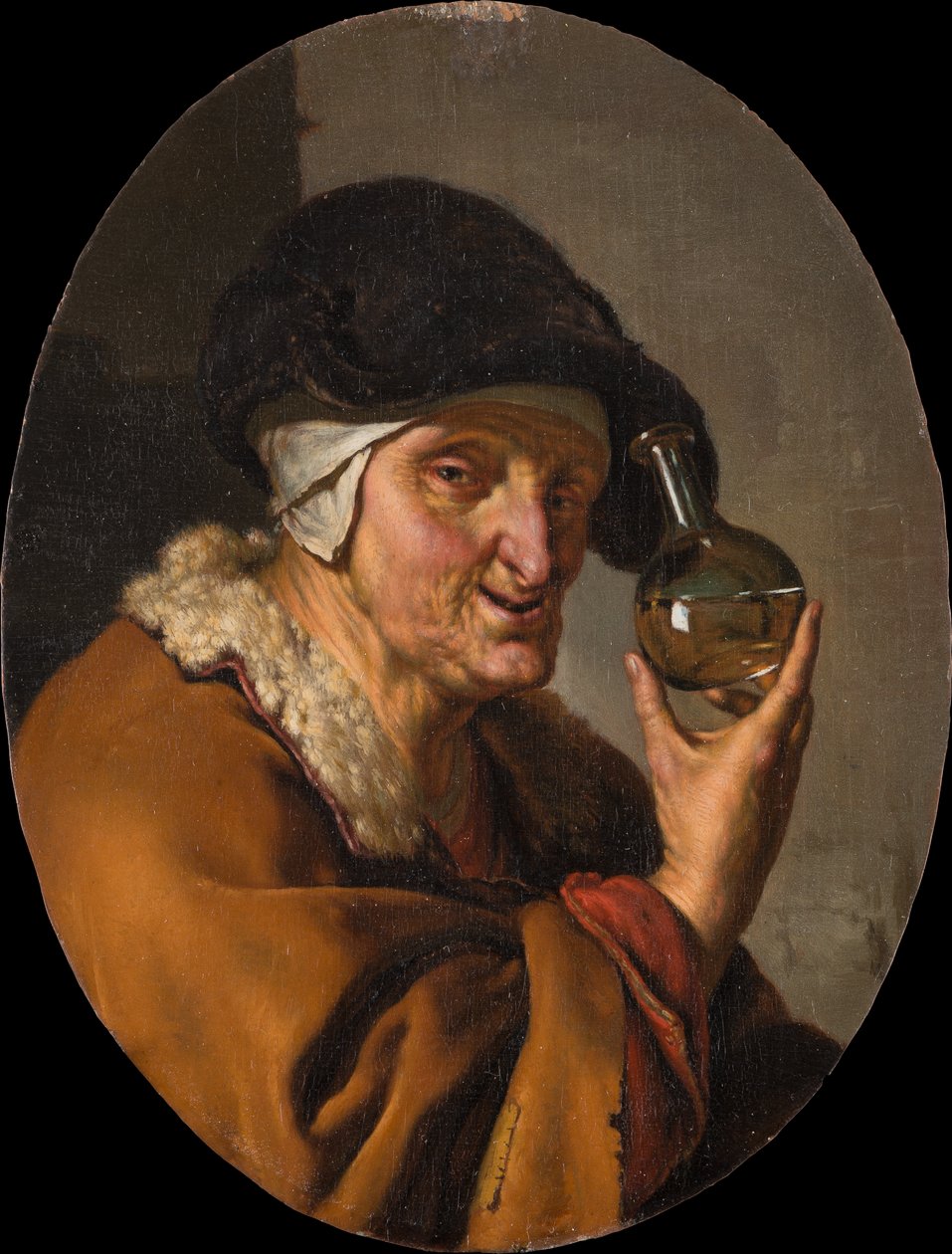 Stará žena s nádobkou na moč: „Šarlatán“ od Willem Van Mieris