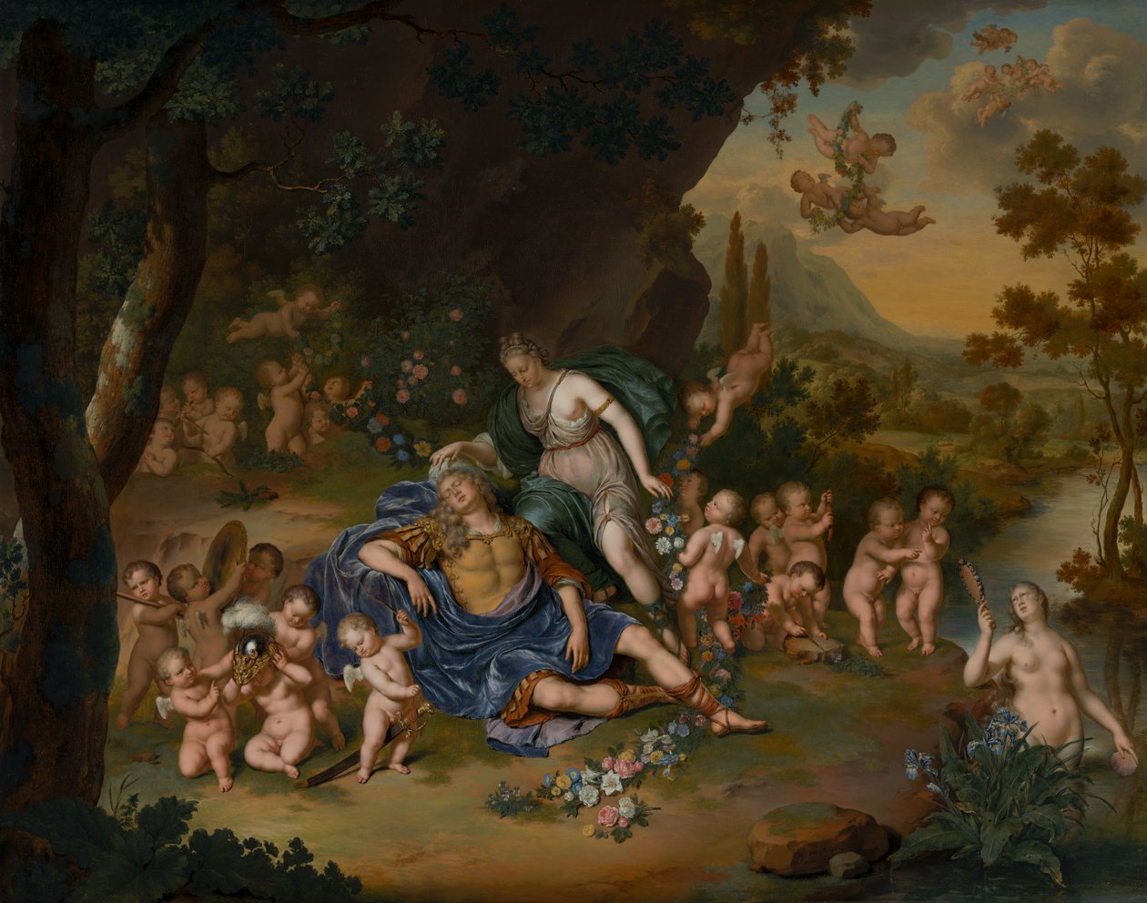 Armida svazuje spícího Rinalda květinami od Willem Van Mieris