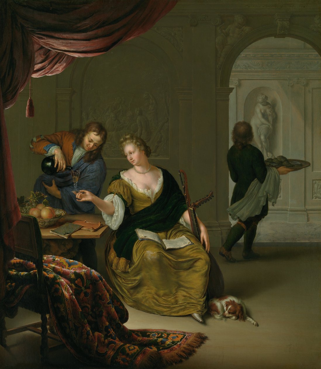 Zanedbávaná loutna Dáma s loutnou beroucí víno v bohatém interiéru, 1705. od Willem Van Mieris
