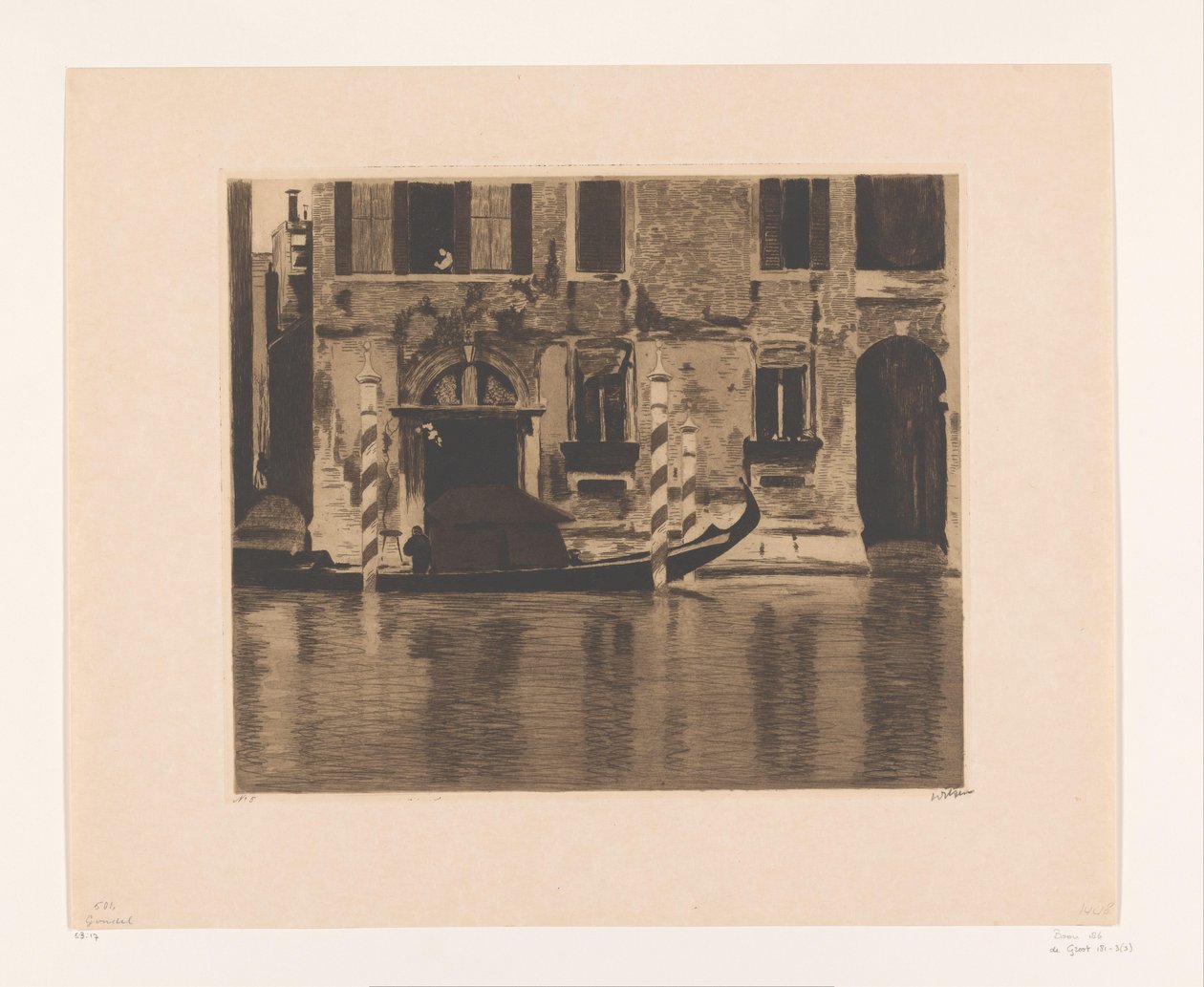 Kotvící gondola s výstavbou v kanálu v Benátkách Gondola s výstavbou v Grand Canal, Benátky (původní název) od Willem Witsen (signed by artist)