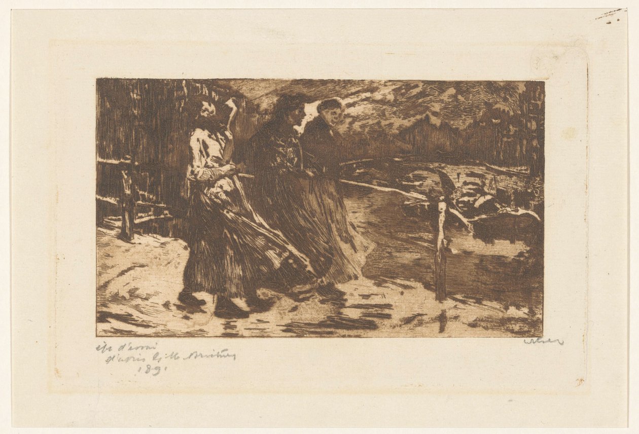 Tři ženy na mostě v dešti a větru od Willem Witsen (signed by artist)