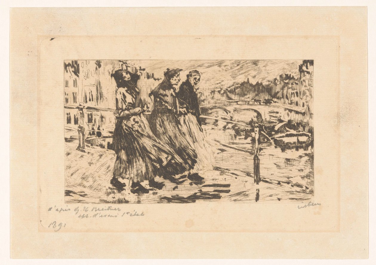 Tři ženy na mostě ve větru a dešti od Willem Witsen (signed by artist)