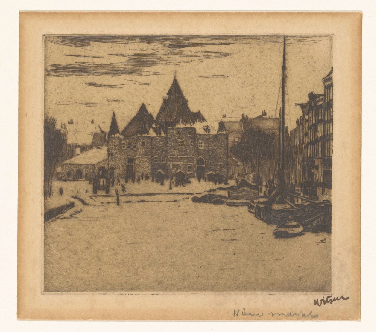 Nieuwmarkt v Amsterdamu Nový trh (název na objektu) od Willem Witsen (signed by artist)