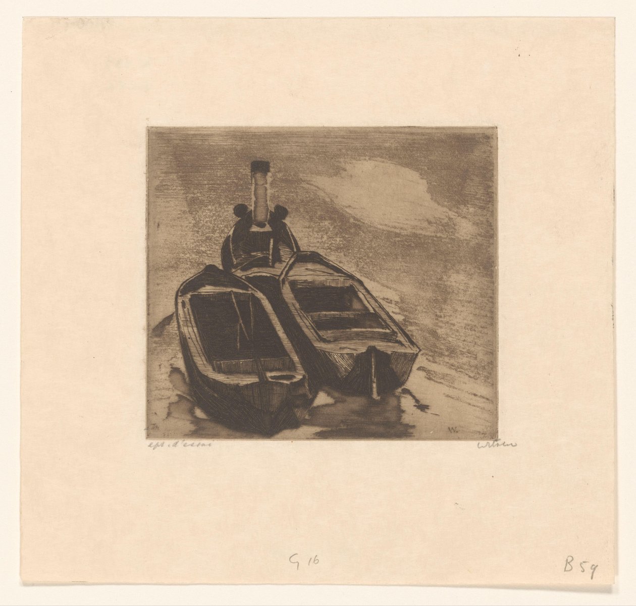Remorkér se dvěma čluny od Willem Witsen (signed by artist)