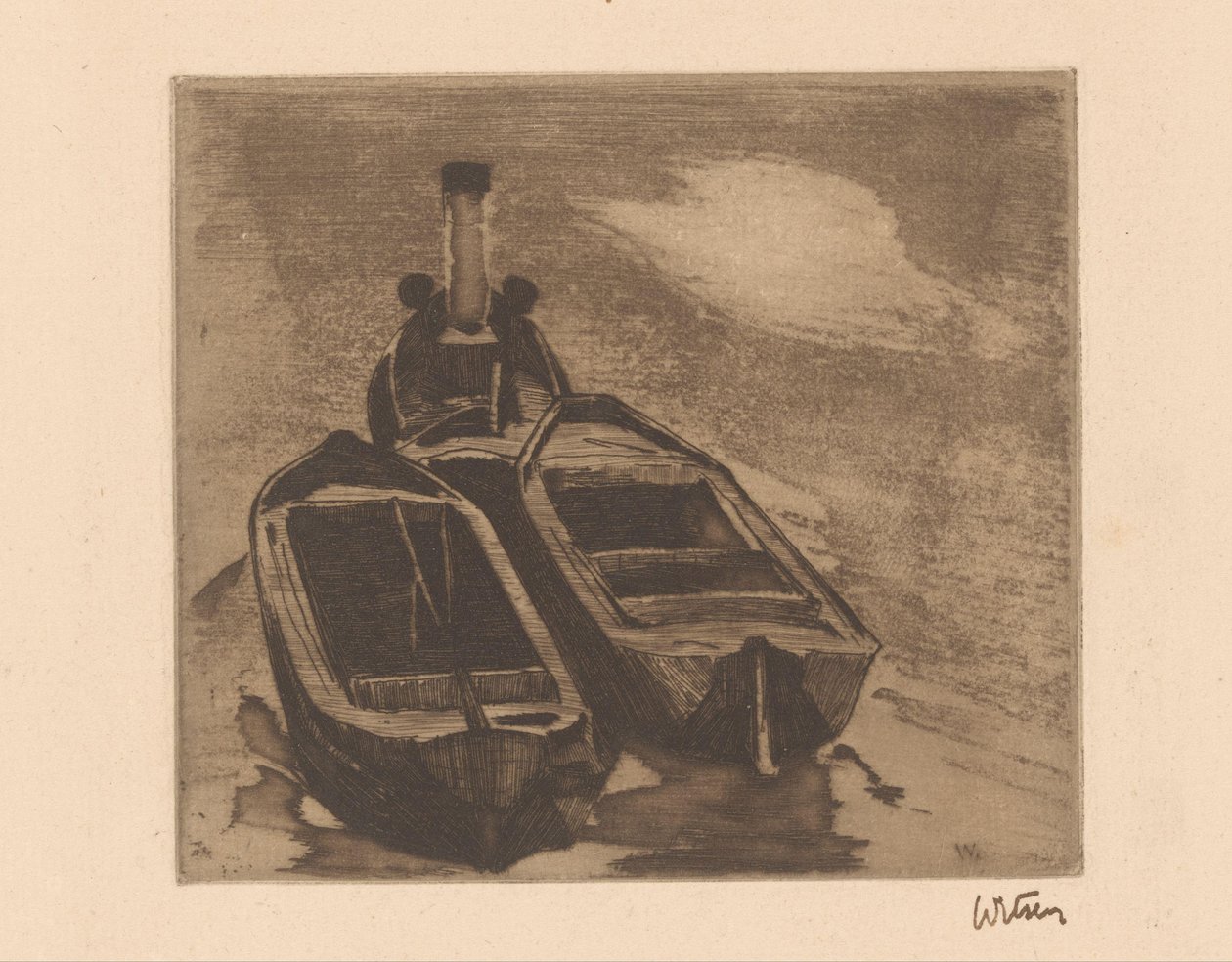 Remorkér se dvěma čluny od Willem Witsen (signed by artist)