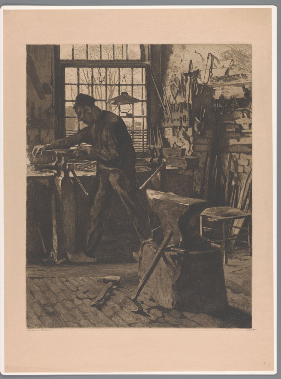 Kovář při práci na svěráku u okna Vesnický kovář před oknem (Bram) (původní název) od Willem Witsen (signed by artist)