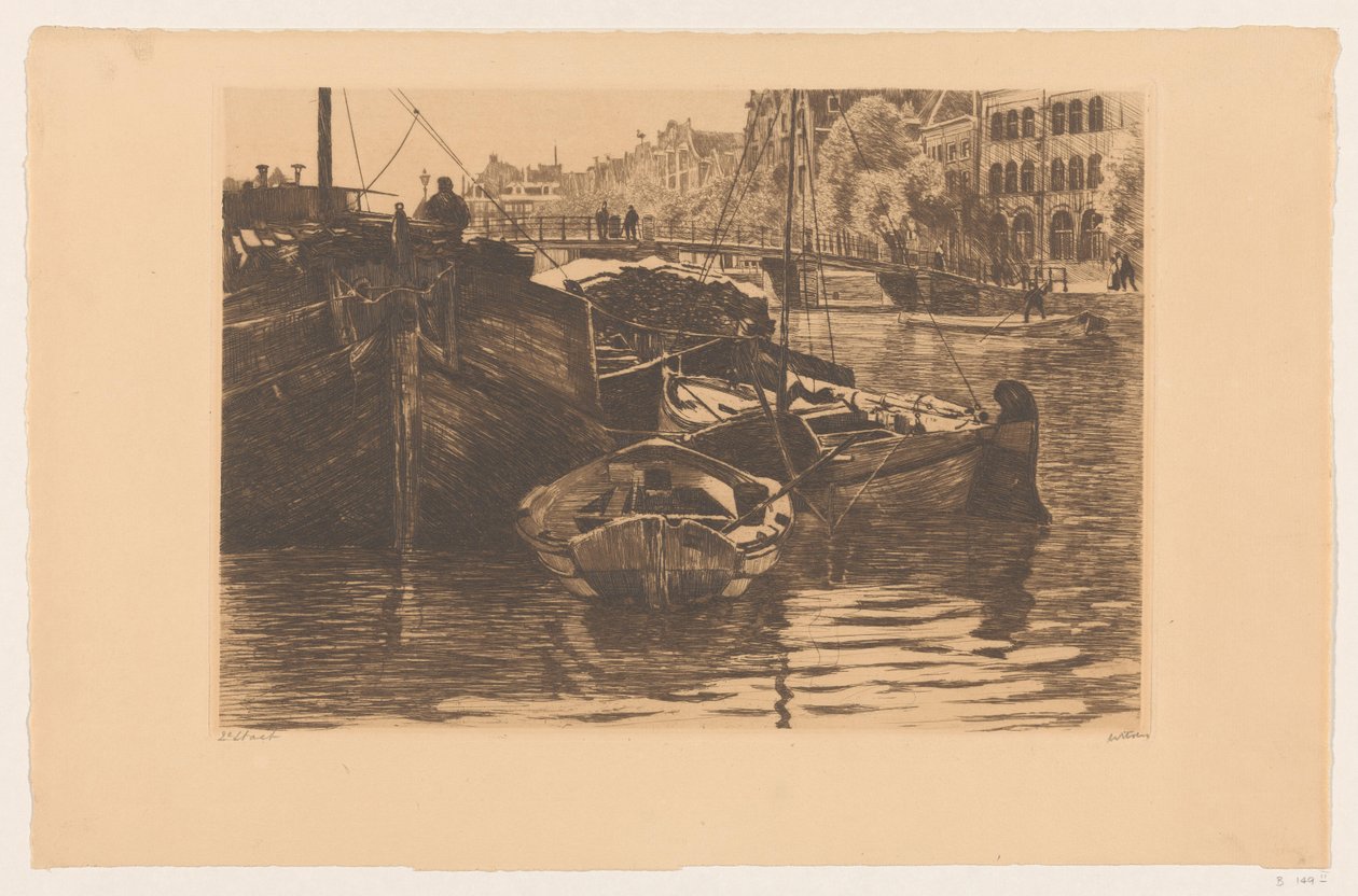 Rašelinové lodě v Oude Schans v Amsterdamu od Willem Witsen (signed by artist)