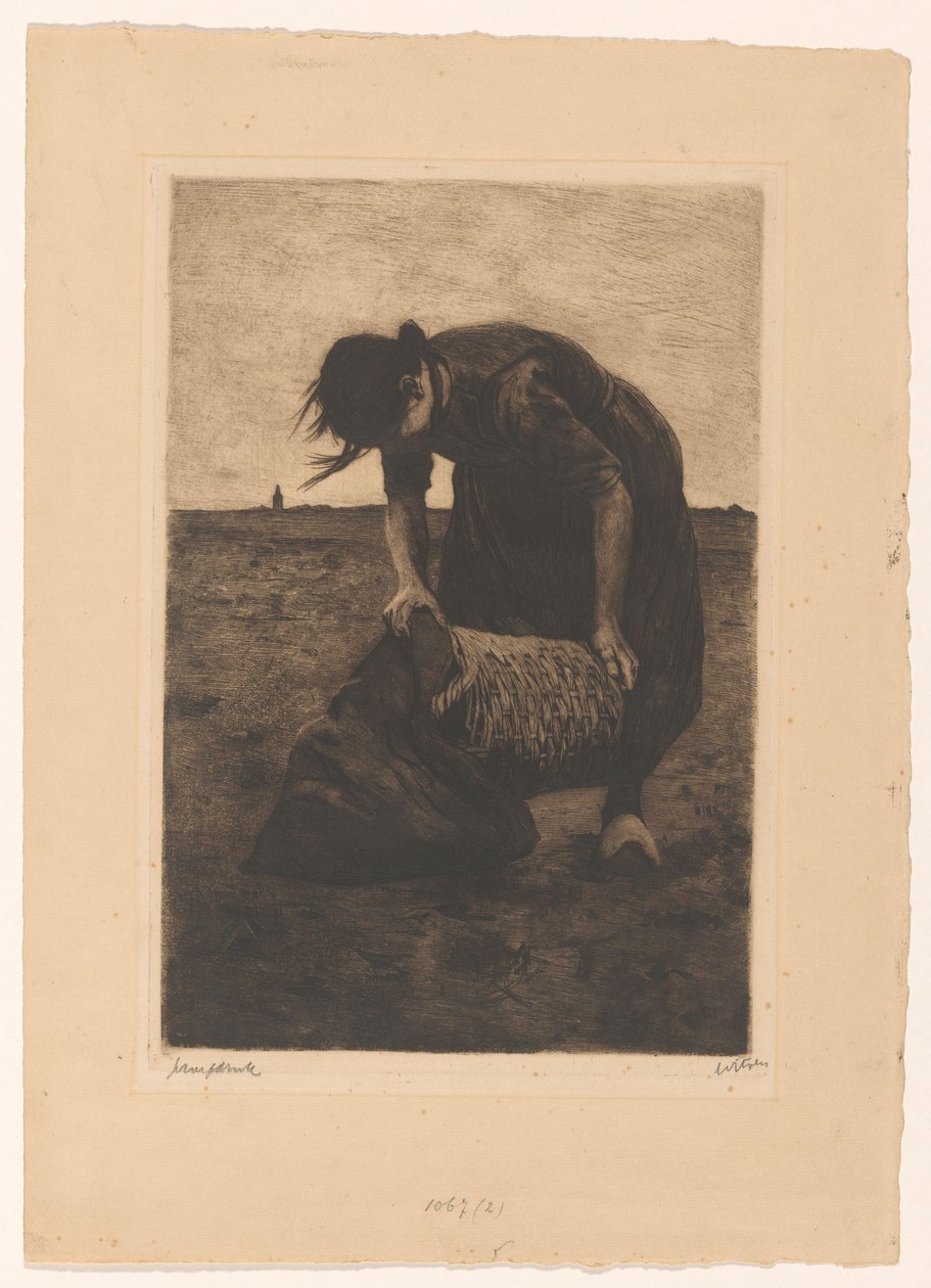 Dopředu ohnutý bramborový kombajn s košem a taškou od Willem Witsen (signed by artist)