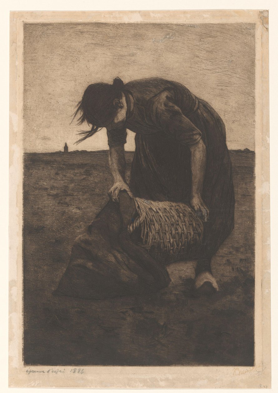 Dopředu ohnutý bramborový kombajn s košem a taškou od Willem Witsen (signed by artist)
