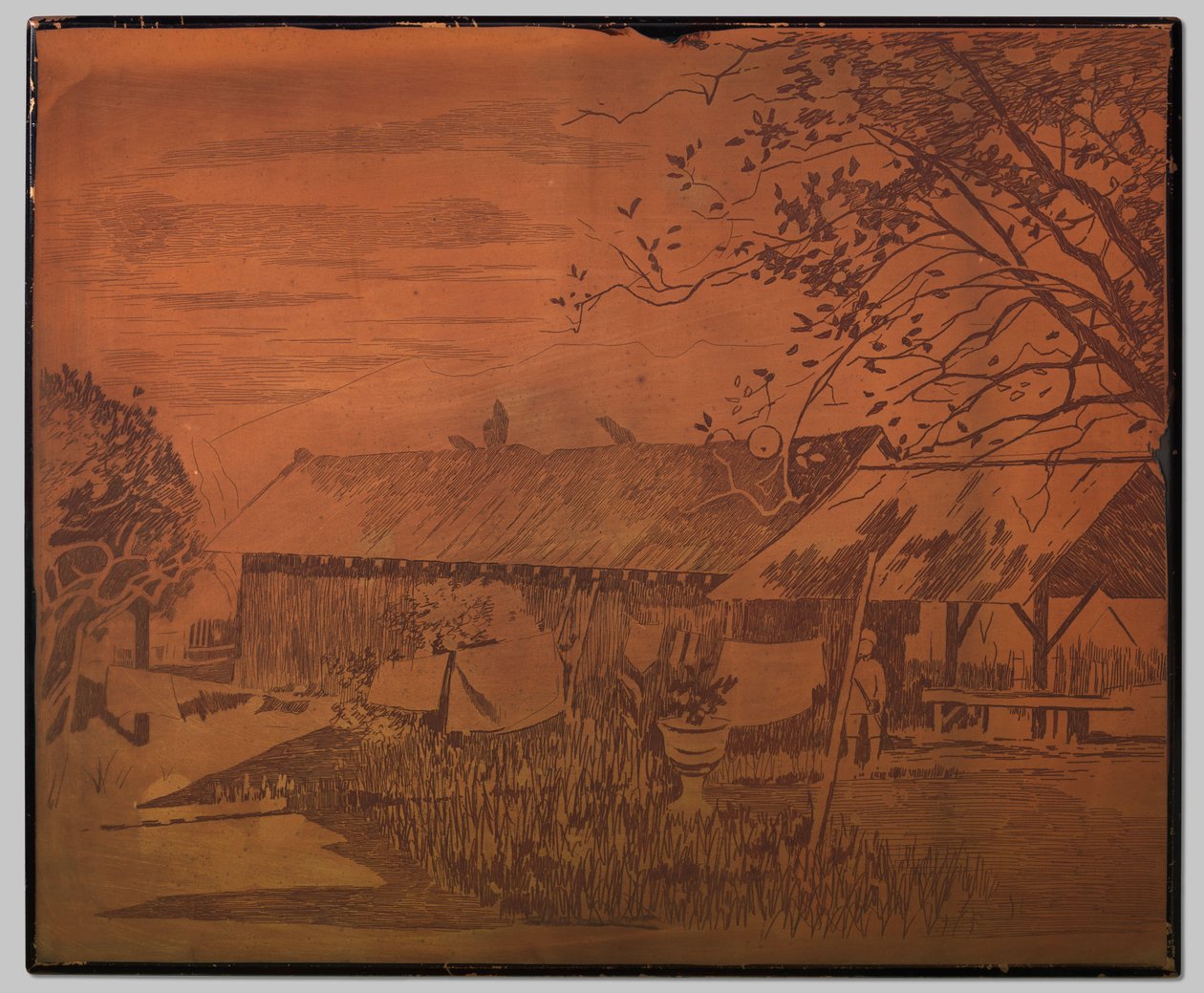 Gambar, dlouhá přístavba, sušárna prádla v popředí od Willem Arnoldus Witsen