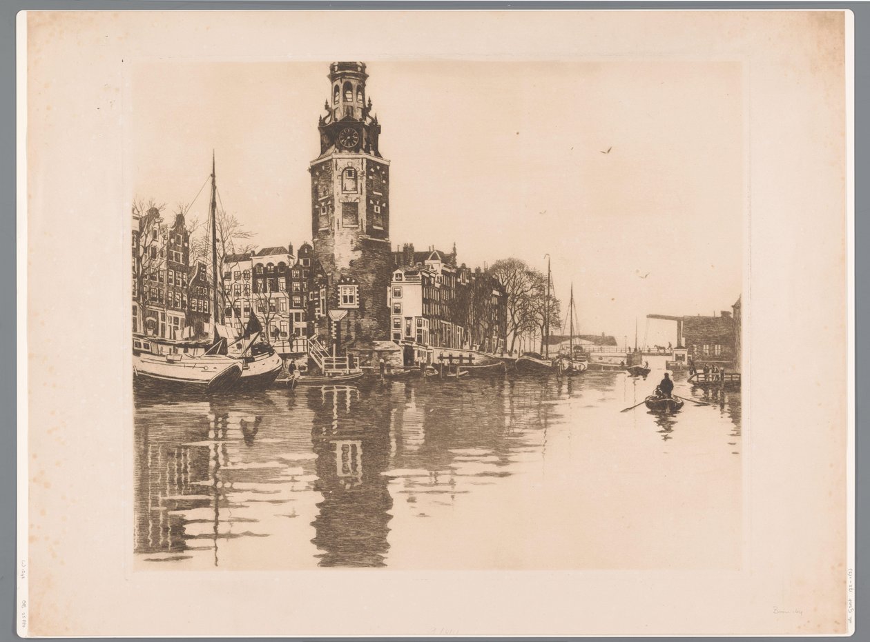 Pohled na Montelbaanstoren v Amsterdamu Old Schans s Montelbaanstorenem a veslicí (původní název) od Willem Arnoldus Witsen