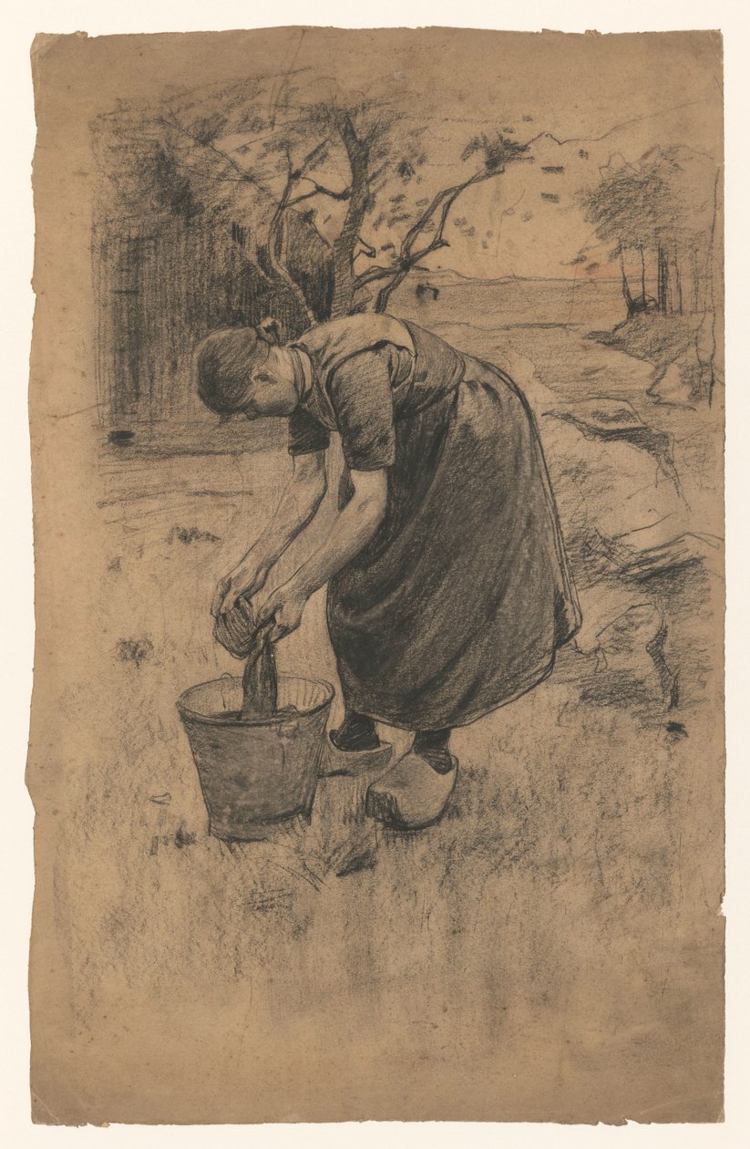 Žena máchá prádlo v kbelíku před farmou od Willem Arnoldus Witsen