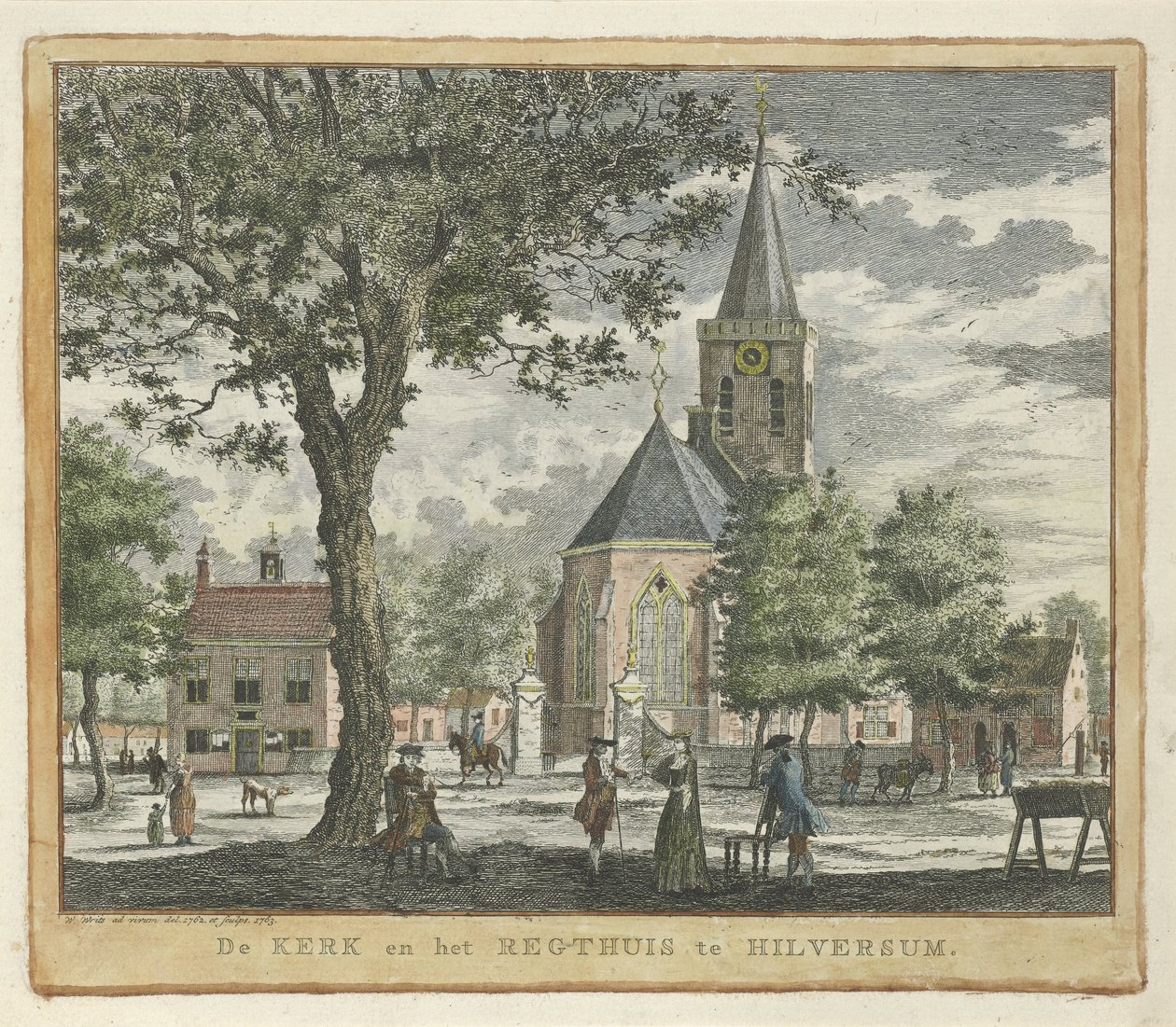Kostel a soudní budova v Hilversum v roce 1762 (před požárem v roce 1766) Kostel a Regthuis v Hilversum (název na předmětu) od Willem Writs