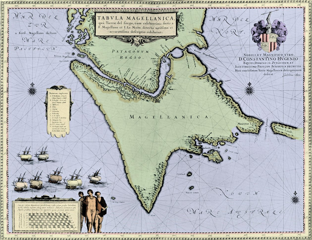 Magellanův průliv a Ohňová země, z Blaeuova "Nieuwe Atlas od Willem and Joan (1596 1673) (after) Blaeu