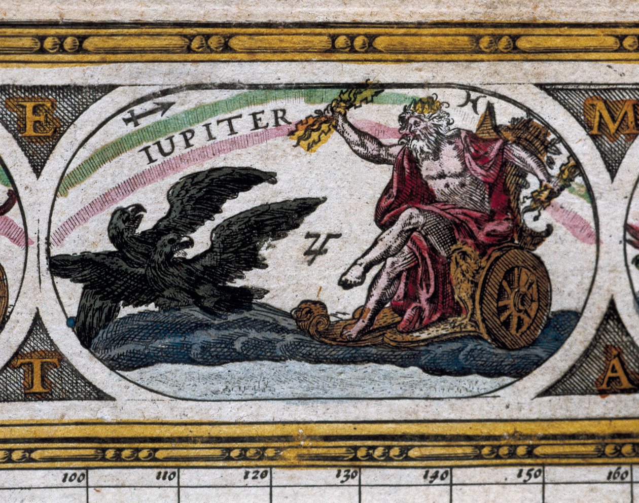 Znázornění boha Jupitera bojujícího s černými orly ve svém voze (rytina) v "Le Theater du Monde" od Willem and Joan  Blaeu