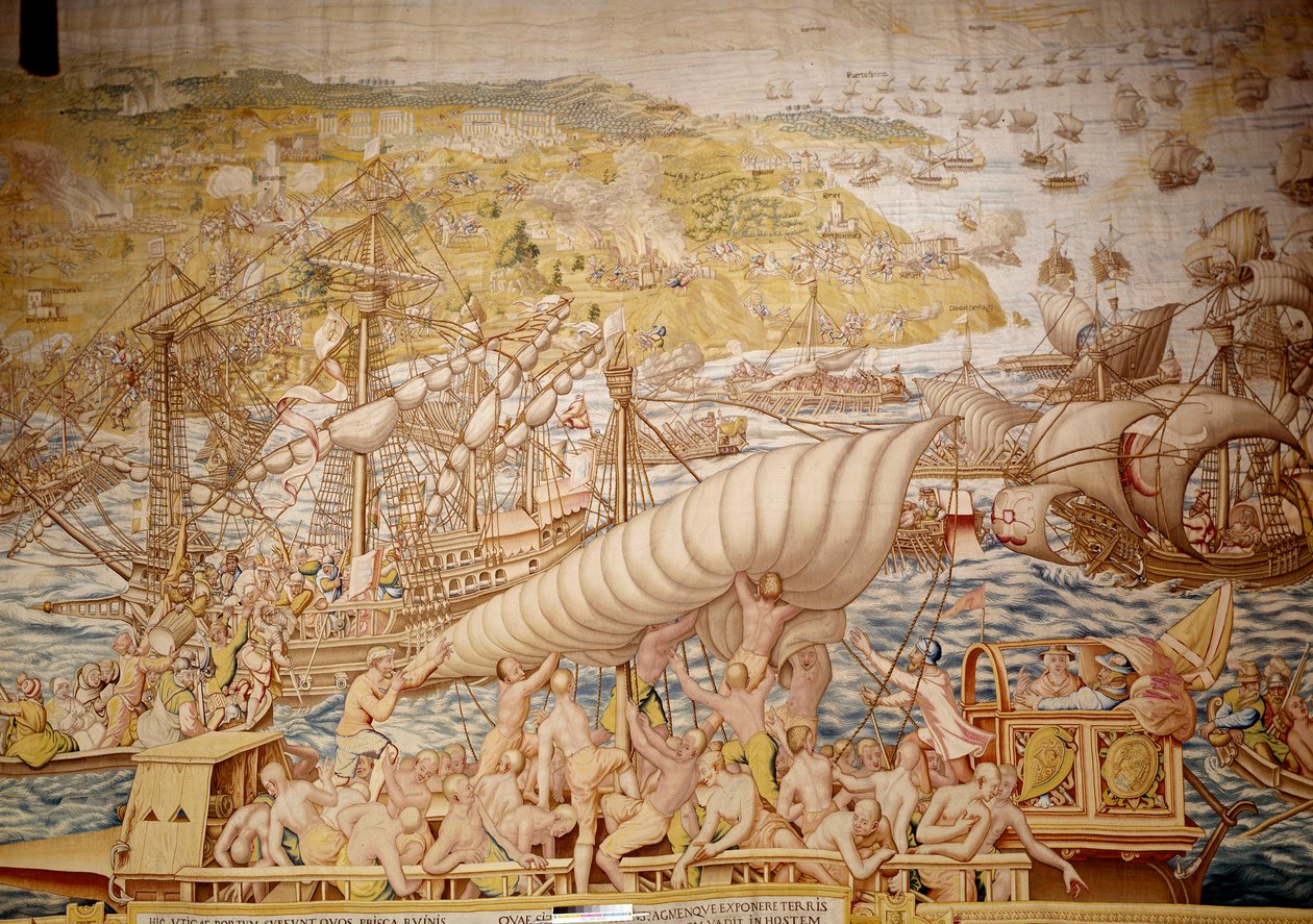 Dobytí Tunisu císařem Karlem V.: sídlo Golette v roce 1535. Detail tapisérie od Willema de Pannemaker (činný kolem 1535-1554) 1554 Alcazar de Seville od Willem de Pannemaker