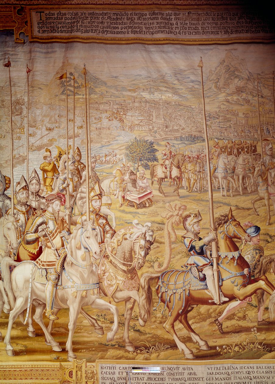 Conquete of Tunis císařem Karlem V. v roce 1535: reprezentace císaře a dítěte Dona Luise. Detail tapisérie od Willema de Pannemaker (aktivní kolem 1535-1554) 1554 Alcazar de Seville od Willem de Pannemaker