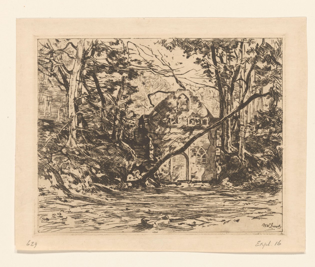 Zřícenina v lese Ruina s vyvráceným stromem (Lage Vuursche) (původní název) od Willem de Zwart