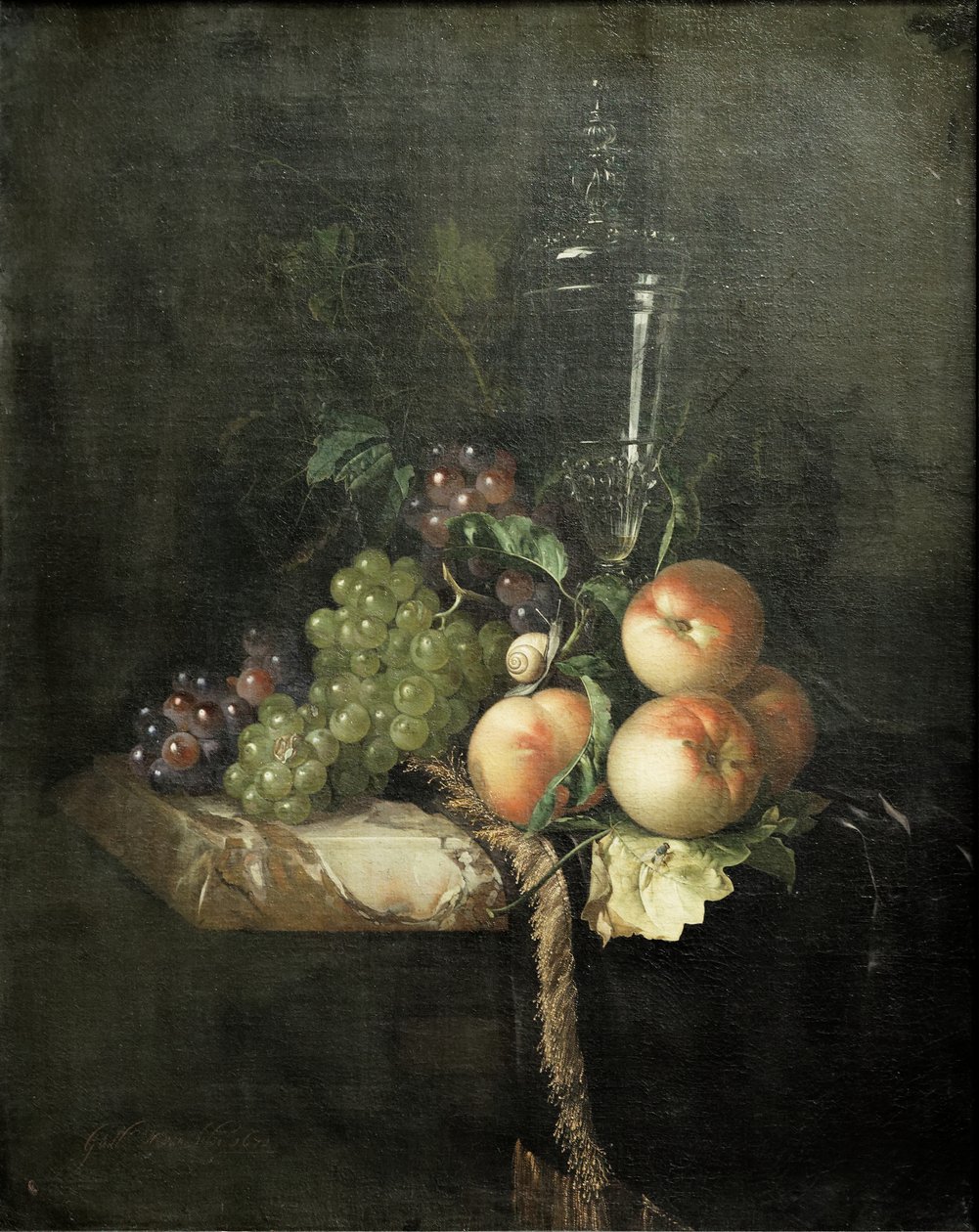Hrozny, broskve a velká sklenice od Willem van Aelst