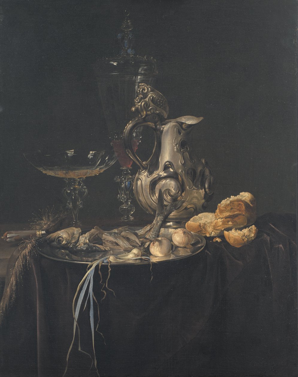 Stálý život. Snídaňový kousek se stříbrným džbánem od Willem van Aelst