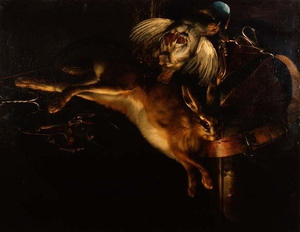 Zátiší zajíce, koroptev a lovecké vybavení visící nad mramorovou římsou od Willem van Aelst