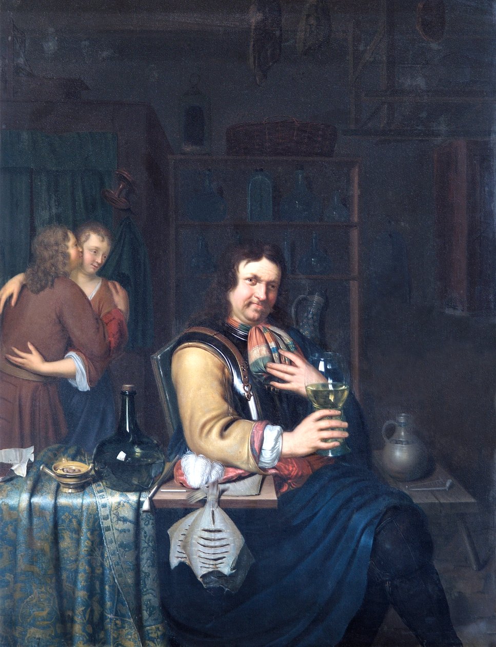 Interiér s kavalírem pijícím a párem objímajícím, cca 1690-1700 (olej na dubovém panelu) od Willem Van Mieris
